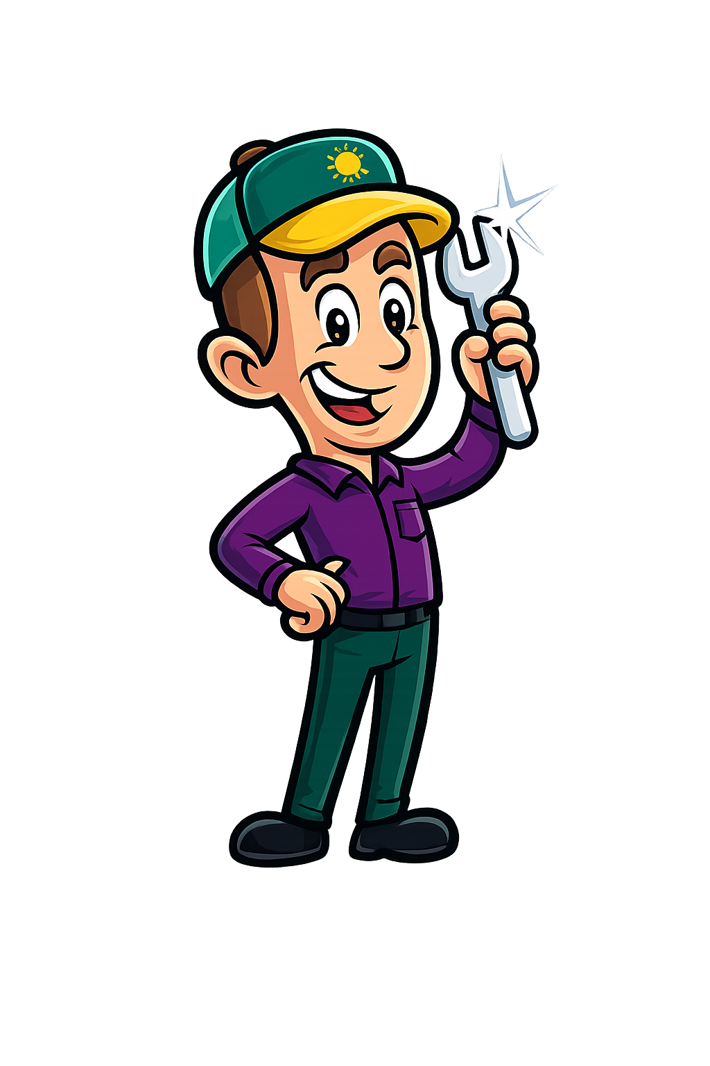 Friendly Airsun Heating & Cooling cartoon technician holding a wrench